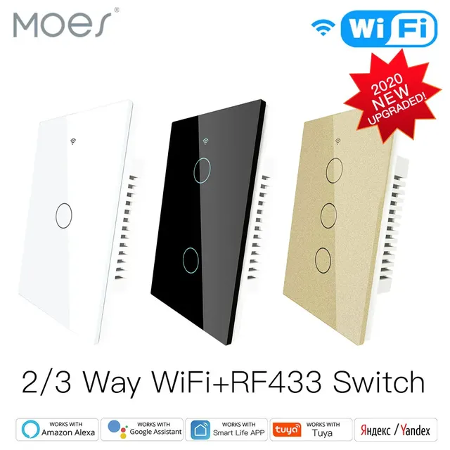 WiFi Smart Wall Light Switch Glass Panel RF433/Wi-Fi Tuya APP Remote Control Alexa & Google Home Compatible 1/2/3 Gang