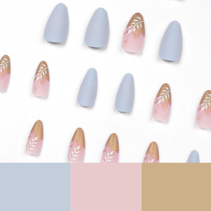 Faux ongles à presser personnalisés, dorés à la feuille d'or, motif feuille blanche, finition bleu mat, de designer premium, vente en gros - Product Image 2