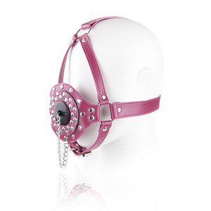 Adult product, fuchsia erotic leather <b>gag</b>, harness, capped <b>gag</b>, multi-studded restraint <b>gag</b>, SM restraint <b>gag</b> <b>ring</b> - Product Image 1