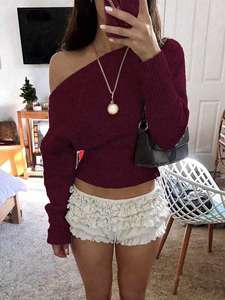 Beliebtes koreanisches Strickoberteil im Kurzhaar-Stil mit lockerem Schulterdesign, Herbst-Neuheit für Damen, hochtailliert, schmal geschnitten, einfarbig - Product Image 4