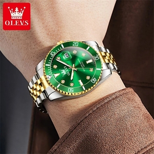 OLEVS 9809 <span class=keywords><strong>Orologio</strong></span> da Polso da <span class=keywords><strong>Uomo</strong></span> con Quadrante <span class=keywords><strong>Verde</strong></span>, Display Calendario e Data Automatica, Moda Business, Acciaio Inossidabile, Movimento al Quarzo Giapponese - Product Image 2