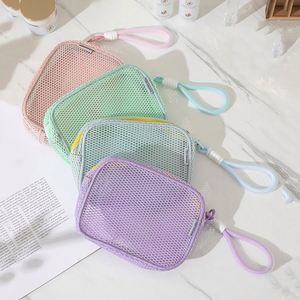 Portable Mesh Travel <b>Makeup</b> Bag Mini Grid <b>Storage</b> Breathable Zipper Cosmetic Pouch Compact Size Single Color - Product Image 2