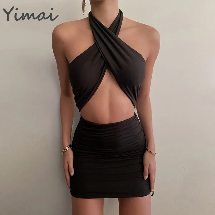 Custom Summer New 100% Polyester Off-Shoulder Drawstring Halter Mini Dress Hollow Out Backless Black Sexy Casual Women Dresses