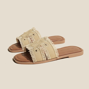 Sandales plates à bride unique en cuir véritable et denim pour femme, style mules françaises, pour l'été et l'extérieur - Product Image 2