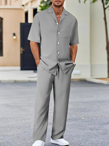 Completo da Uomo Estivo alla Moda, Nuova <span class=keywords><strong>Tendenza</strong></span> Tinta Unita, Camicie e Pantaloni Ampi, Set <span class=keywords><strong>di</strong></span> 2 Pezzi - Product Image 3
