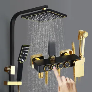 Quadratisches Badezimmer-Duschsystem Sendüchen schwarz gold wandmontage Multifunktionsknopf schwarzes Badezimmer-Dusch-Set mit Sprühpistole