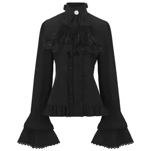 Womens Victoria cổ điển dài tay áo sơ mi Ruffle đứng cổ áo Áo Gothic Thời Trung Cổ Tops