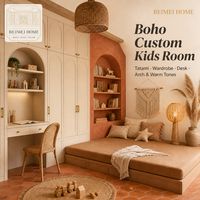 Ensemble de chambre à coucher pour enfants de style bohème personnalisé, armoire à portes arquées, bureau |   Beige sable terracotta |   Usine de mélamine OEM