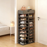 Étagère à chaussures empilable en aggloméré mélaminé gris foncé avec tiroir supérieur, rangement pour chaussures en bois pour la maison et le salon