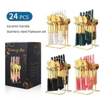 Ensemble de couverts en plastique avec logo personnalisé, 24 pièces, avec boîte cadeau, ensemble de couverts dorés, acier inoxydable, polissage miroir, pour restaurant, hôtel
