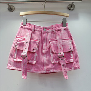 Mode rétro rose grandes poches Denim costume printemps été sans manches gilet court taille haute hanche enveloppé jupe femmes 2 pièces ensembles - Product Image 6