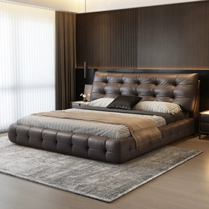 <strong>Dark</strong> <strong>Brown</strong> Tufted Leather <strong>Bed</strong> <strong>Frame</strong>, Italian Style Luxury Platform <strong>Bed</strong> with High Back Headboard - Product Image 1