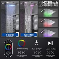 Ensemble de robinetterie de douche chromé à 4 poignées avec vanne à icône lumineuse, fonctions 2-en-1, montage mural, cascade LED rectangulaire 14x20 pouces pour hôtel