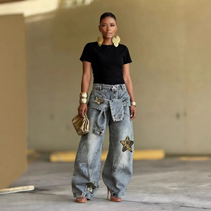 Jeans da Donna a Vita Alta e Gamba Larga in Denim Traspirante Stile Vintage con Patch a Stella Americana e Design a Scimitarra - Nuova Collezione Autunno 2026 - Product Image 2