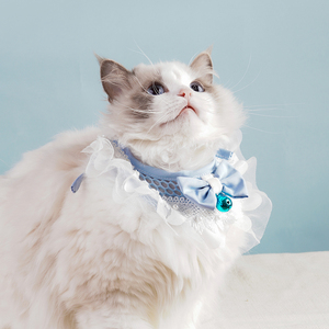 Lindo <span class=keywords><strong>collar</strong></span> decorativo de poliéster para gatos y perros con encaje de princesa azul y toalla de baba de campana con lazo - Product Image 4