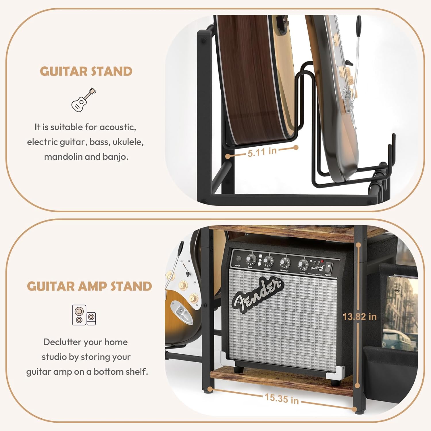 Meuble 4-en-1 Pour Tourne-disque, Vinyles Et Guitares - Support 2 Guitares + Rangement 200 LP