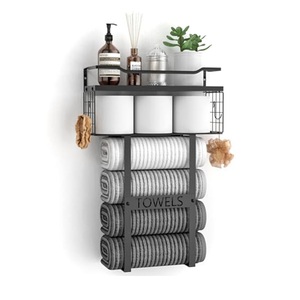 Porte-serviettes mural doré non perforé pour salle de bain d'hôtel avec compartiment multifonctionnel résistant à la rouille - Product Image 1