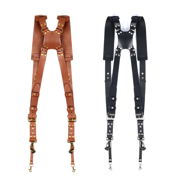 Dual Shoulder Body Harness Quick Release Universal Adjustable Brown Black Leather Camera Strap Belt 2 DSLR Cameras Men's