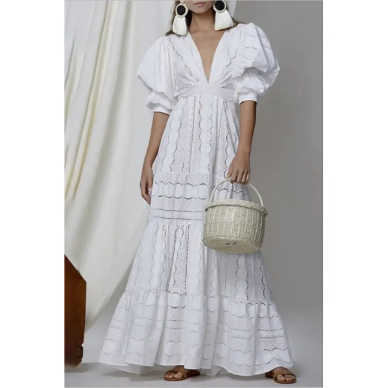مخصص فستان من الكتان أنيقة نفخة كم زر V الرقبة ماكسي الكورية فساتين الأبيض الصيف خمر اللباس