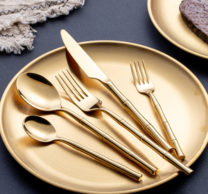 Servizio di ristorazione ristorante di fascia alta usato bambù Design oro posate in acciaio inox 18/10 Set posate <span class=keywords><strong>argenteria</strong></span> - Product Image 2