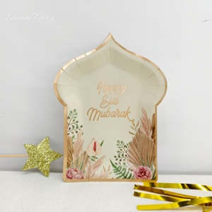 Service de vaisselle jetable Damai Party, assiettes en forme de château doré, motif pivoine et fougères, pour la fête de l'Aïd - Product Image 3