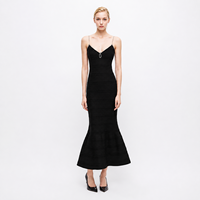 Robe longue côtelée noire personnalisée pour femme, col en V, sans manches, OEM ODM