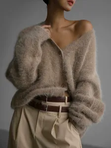 Cardigan en mohair duveteux pour femme, col en V sexy, coupe oversize, boutonné, pull tricoté moelleux et duveteux, haut d'hiver - Product Image 1