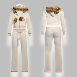 Sweat à capuche zippé et pantalon évasé deux pièces en tricot gaufré à col en fourrure personnalisés Y2k fabricant de vêtements à capuche ensemble assorti pour femmes - Product Image 5
