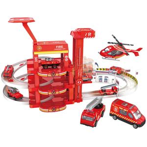 <span class=keywords><strong>Ensemble</strong></span> de voitures sur rail sur le thème des pompiers et de la police EPT avec parking élévateur, comprend un hélicoptère, 2 voitures en alliage et un bus coulissant, jouet pour enfants - Product Image 1