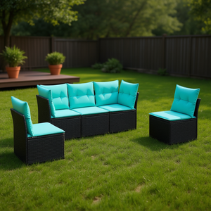 Conjunto de sofás para patio de 5 piezas de ratán sintético negro con cojines, solución de almacenamiento, muebles para exteriores - Product Image 2