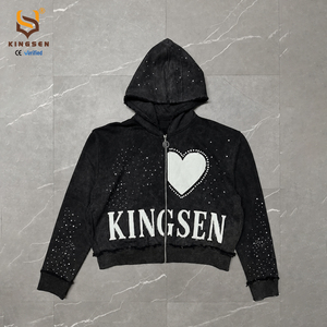 Sudadera con capucha y cremallera completa para hombre, estilo urbano personalizado, de felpa francesa, con bordado, patchwork y pedrería, corte holgado y lavado ácido. - Product Image 1