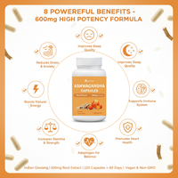 Formule personnalisée OEM/ODM, 120 capsules par flacon, étiquette privée, capsules d'ashwagandha pour le sommeil et le soutien contre le stress