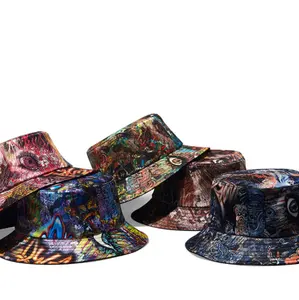 بسعر الجملة من المصنع قبعة الصيد المخصصة تصميم فيشر كامل في جميع أنحاء التسامي طباعة شعار بالجملة عادي الرجال قبعات الدلو