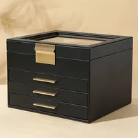 Boîte en bois pour bijoux en MDF à fenêtre à trois couches de grande capacité Mallette de rangement en or pour bracelets et bagues Style bambou en bois