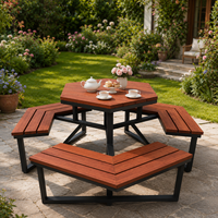 Table de pique-nique hexagonale d'extérieur avec bancs intégrés, structure métallique résistante aux intempéries, bois massif, mobilier de jardin moderne pour patio extérieur