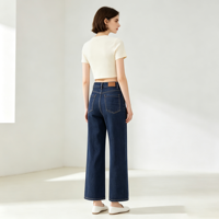 Jean taille haute pour femme, coupe large, extensible, longueur cheville, effet usé, 4 poches, bouton et fermeture éclair