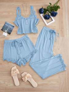 Conjunto de Pijama de Tres Piezas para Mujer, Top de Encaje con Tirantes + Pantalones Cortos + Pantalones Largos, Ropa de Dormir Suave de Color Sólido, Ropa de Casa Sexy para Mujer - Product Image 6