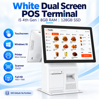Terminal de point de vente à double écran blanc de 15,6 pouces, processeur i5 4e génération, 8 Go de RAM, 128 Go de SSD, écran tactile, imprimante, scanner pour les commerces de détail et les restaurants