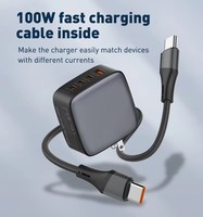 Chargeur de bureau rapide GaN 100W, chargeur mural USB 4 ports avec PD QC3.0, câble rétractable, protection OTP/OVP/OCP, noir