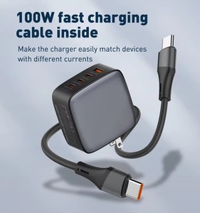 <span class=keywords><strong>Chargeur</strong></span> de bureau rapide GaN 100W, <span class=keywords><strong>chargeur</strong></span> mural USB 4 ports avec PD QC3.0, câble rétractable, protection OTP/OVP/OCP, noir - Product Image 4