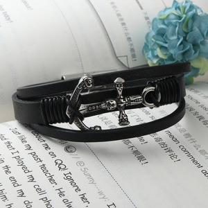 Anchor <b>Leather</b> <b>Bracelet</b> Black Titanium Steel Fashion Men's Jewelry - Product Image 2
