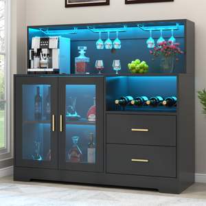 Meuble bar moderne noir pour la maison avec éclairage LED, station de café avec porte-bouteilles et portes vitrées, grand <span class=keywords><strong>buffet</strong></span> de rangement - Product Image 6