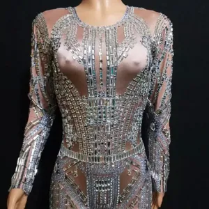 2020 luxury design diamonds embellished skin-tone sexy bodysuit see-through party dresses shining women lady sexy apparel