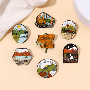 Hot-Selling Outdoor Travel Series Alloy Brooch Engraved Guide Sign Painted Mountain Lake Cross-Border Metal Decoration for