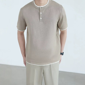Men's Gray Short Sleeve Henry Polo Shirt Solid Color Breathable Base Layer <b>Top</b> For Teenagers - Product Image 3