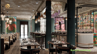Ensemble de mobilier de design pour restaurant commercial : banquette de salle à manger sur mesure, comptoir de bar, tables de salle à manger et chaises en bois pour café et bistrot