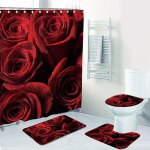 CF BS45 맞춤형 장미 꽃 인쇄 호텔 욕실 세트 목욕 매트 샤워 커튼 세트 4 pcs 욕실 방수