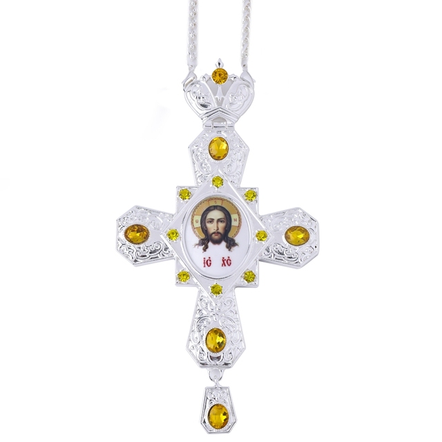 ZD075 Europe Orthodox Greek Church Priest's Pectoral Cross Silver Zinc Alloy Necklace with Colorful Crystal Stones
