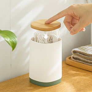 Japanese Style Toothpick Holder With Bamboo Lid Circular Design Eco-Friendly Bathroom Storage For Cotton Swabs And Dental Floss - Product Image 1