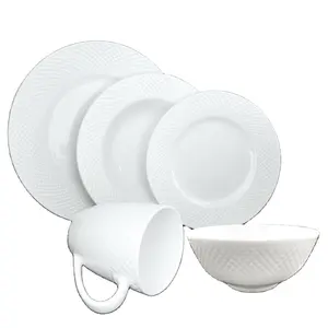 精美的白色压花陶瓷餐具晚餐套装5件餐具